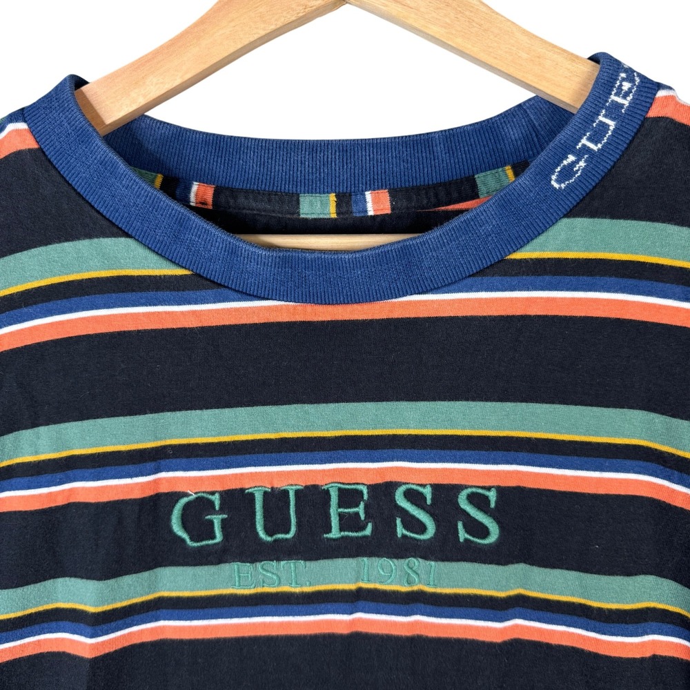 Guess Sayers Striped T-Shirt Vintage Rainbow M Multi Color Crew Neck Embroidered